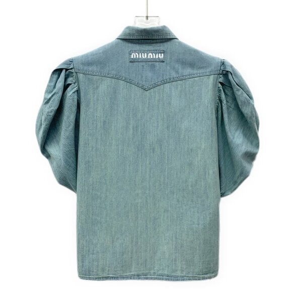 Miu Miu Light Blue Bubble Sleeve Cotton Denim Shirt - Picture 2 of 8